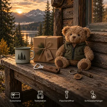 Teddybär, Geschenkbox, Becher und kleine Geschenkartikel an einer Waldhütte Geschenke & Deko