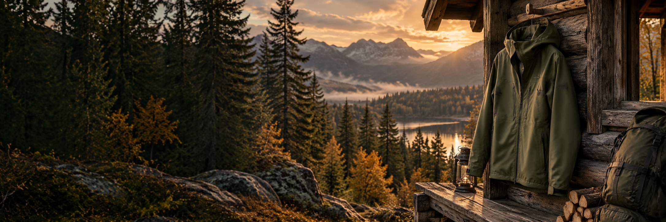 Bereit für Wind und Wetter. KI-generierte Outdoorjacke an einer Waldhütte
