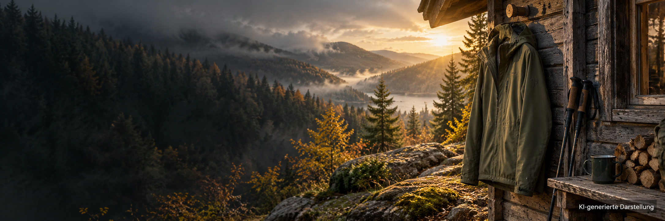 Bereit für Wind und Wetter. KI-generierte Outdoorjacke an einer Waldhütte