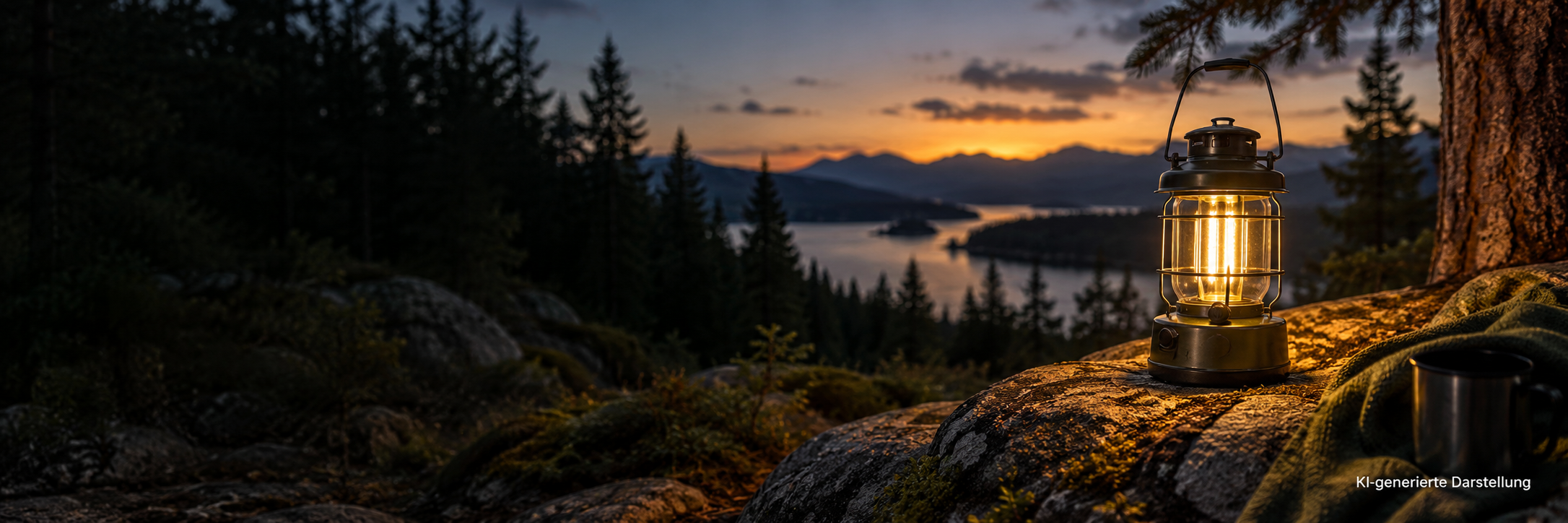 Licht für lange Abende. KI-generierte Campinglaterne in einer Waldlandschaft