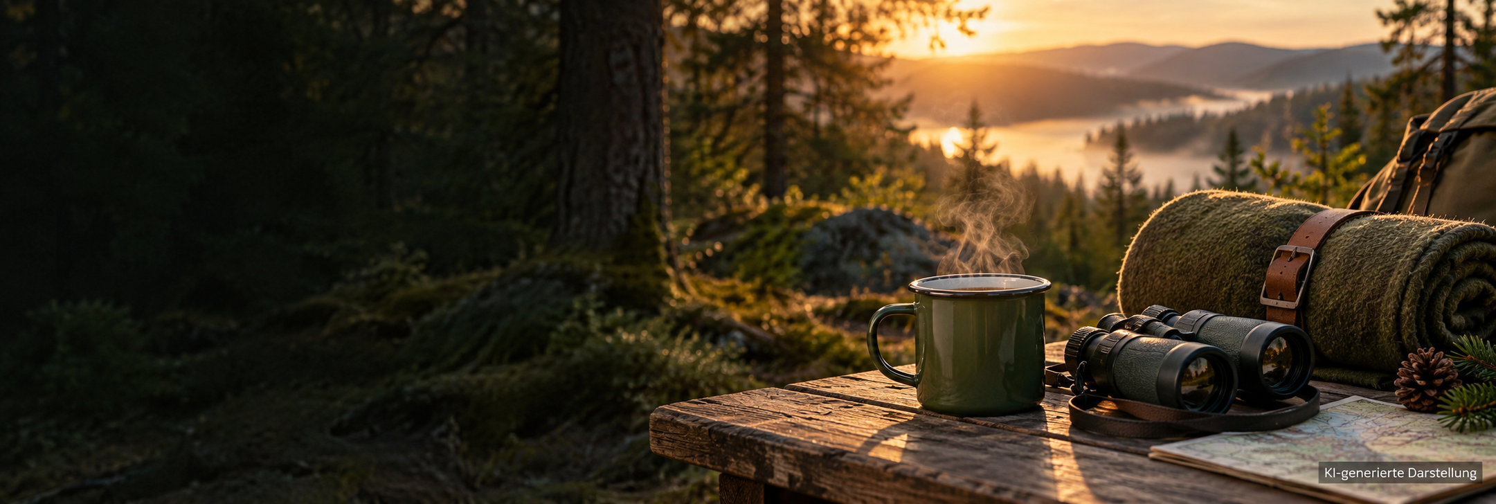 Mehr Abenteuer für dein Budget. KI-generierte Outdoor-Ausrüstung mit Becher, Decke und Fernglas